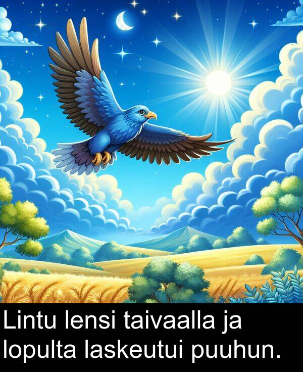 taivaalla: Lintu lensi taivaalla ja lopulta laskeutui puuhun.