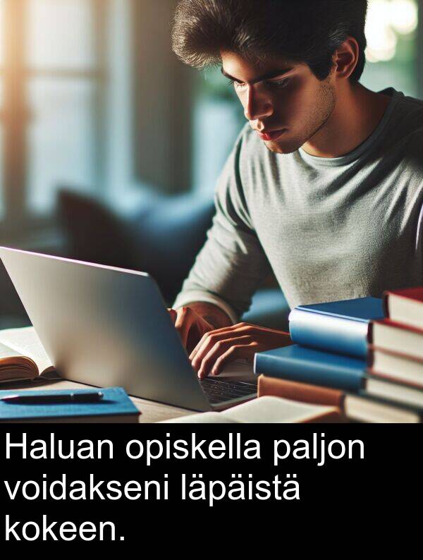 läpäistä: Haluan opiskella paljon voidakseni läpäistä kokeen.