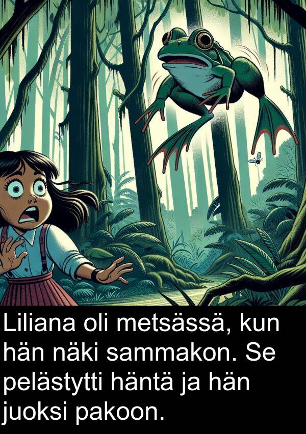 sammakon: Liliana oli metsässä, kun hän näki sammakon. Se pelästytti häntä ja hän juoksi pakoon.