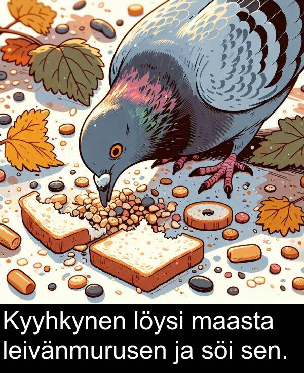 söi: Kyyhkynen löysi maasta leivänmurusen ja söi sen.