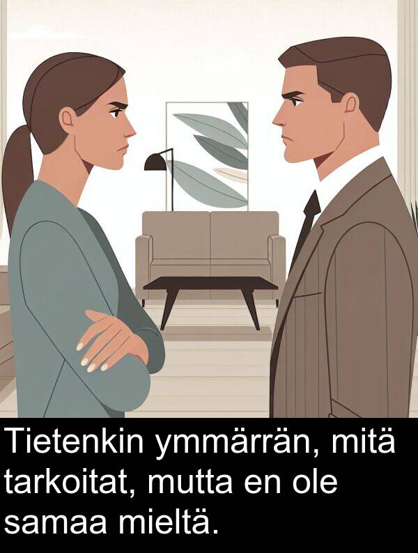 samaa: Tietenkin ymmärrän, mitä tarkoitat, mutta en ole samaa mieltä.