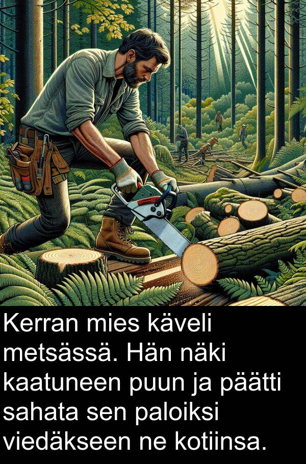 sahata: Kerran mies käveli metsässä. Hän näki kaatuneen puun ja päätti sahata sen paloiksi viedäkseen ne kotiinsa.