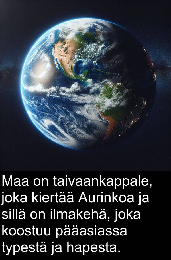 sillä: Maa on taivaankappale, joka kiertää Aurinkoa ja sillä on ilmakehä, joka koostuu pääasiassa typestä ja hapesta.