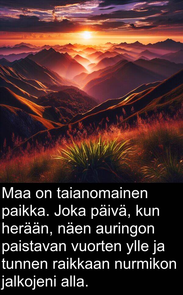 näen: Maa on taianomainen paikka. Joka päivä, kun herään, näen auringon paistavan vuorten ylle ja tunnen raikkaan nurmikon jalkojeni alla.