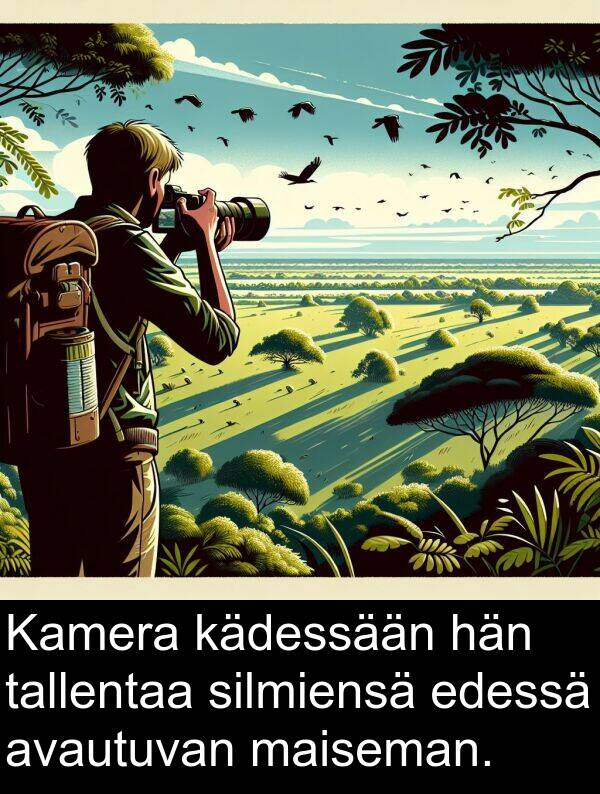 silmiensä: Kamera kädessään hän tallentaa silmiensä edessä avautuvan maiseman.