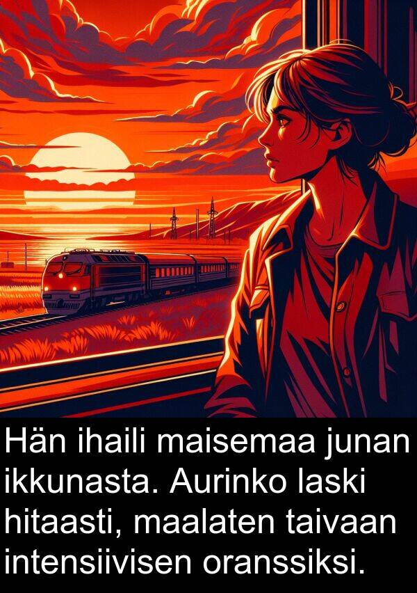 taivaan: Hän ihaili maisemaa junan ikkunasta. Aurinko laski hitaasti, maalaten taivaan intensiivisen oranssiksi.