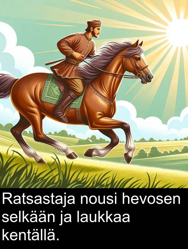 selkään: Ratsastaja nousi hevosen selkään ja laukkaa kentällä.