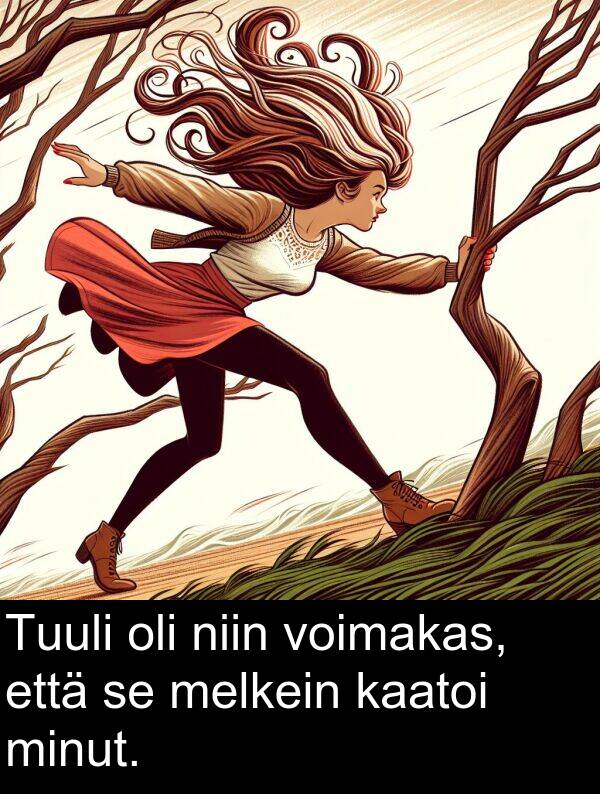 melkein: Tuuli oli niin voimakas, että se melkein kaatoi minut.