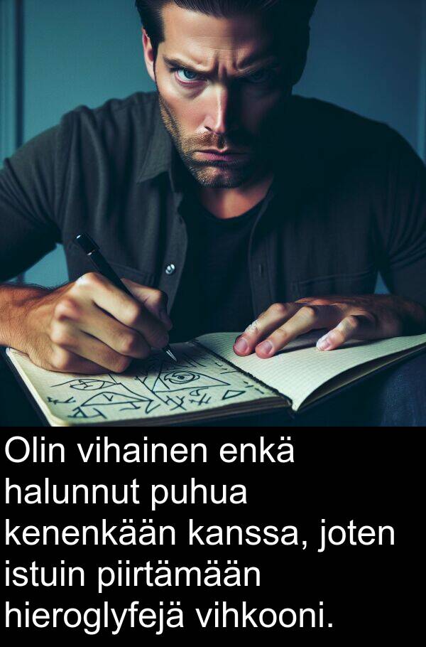 puhua: Olin vihainen enkä halunnut puhua kenenkään kanssa, joten istuin piirtämään hieroglyfejä vihkooni.
