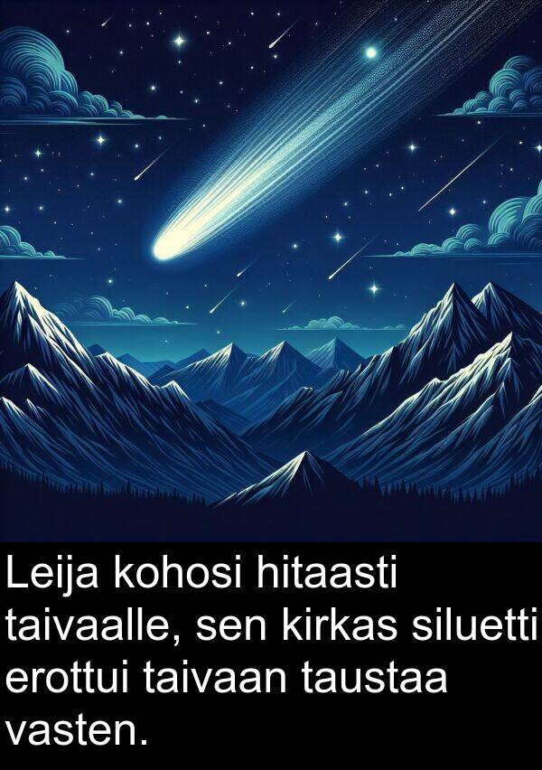 taivaalle: Leija kohosi hitaasti taivaalle, sen kirkas siluetti erottui taivaan taustaa vasten.