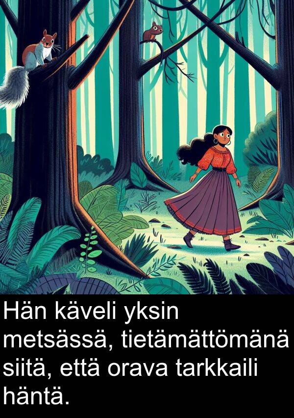 siitä: Hän käveli yksin metsässä, tietämättömänä siitä, että orava tarkkaili häntä.