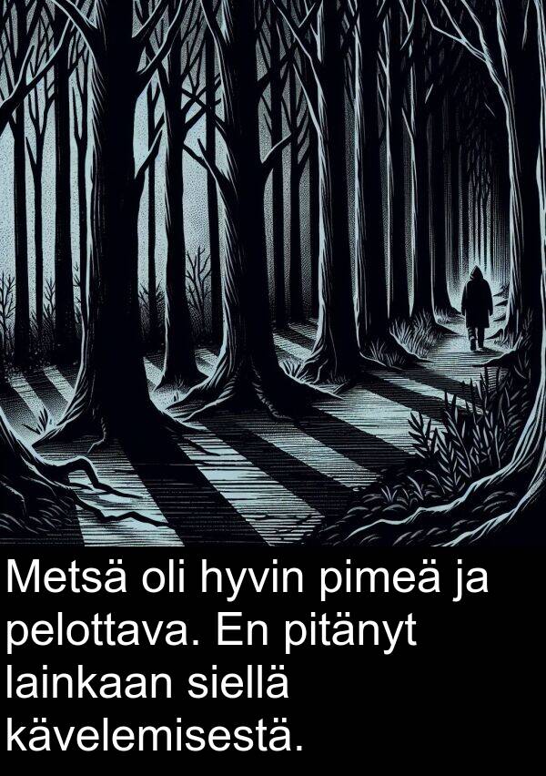 pelottava: Metsä oli hyvin pimeä ja pelottava. En pitänyt lainkaan siellä kävelemisestä.