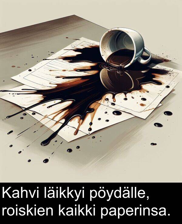 paperinsa: Kahvi läikkyi pöydälle, roiskien kaikki paperinsa.