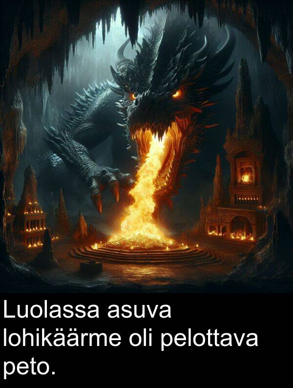pelottava: Luolassa asuva lohikäärme oli pelottava peto.