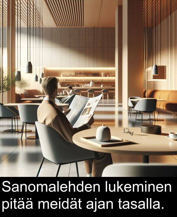meidät: Sanomalehden lukeminen pitää meidät ajan tasalla.