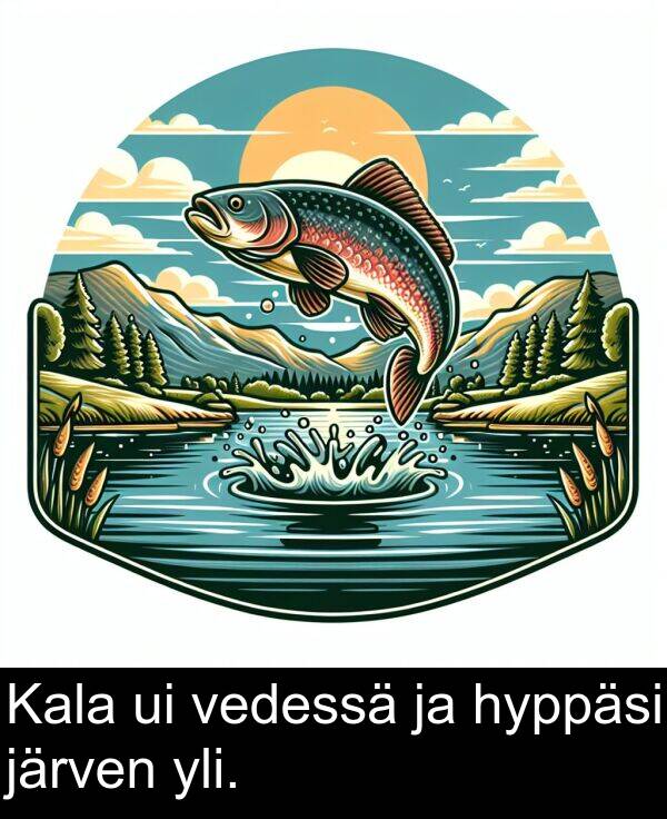 vedessä: Kala ui vedessä ja hyppäsi järven yli.