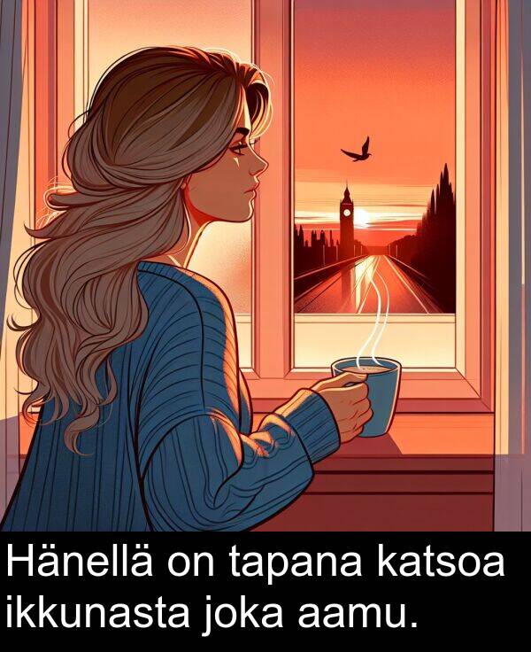 joka: Hänellä on tapana katsoa ikkunasta joka aamu.