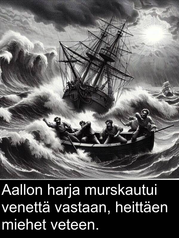miehet: Aallon harja murskautui venettä vastaan, heittäen miehet veteen.
