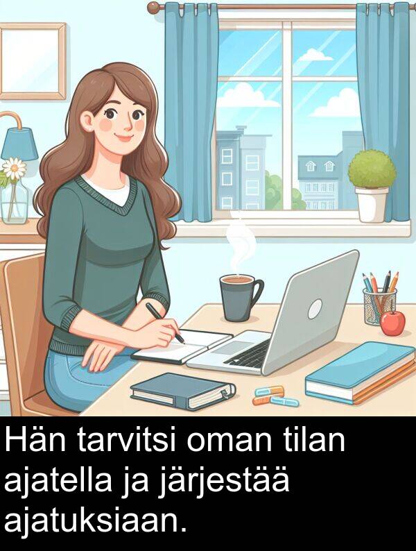 ajatuksiaan: Hän tarvitsi oman tilan ajatella ja järjestää ajatuksiaan.