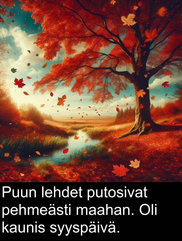 syyspäivä: Puun lehdet putosivat pehmeästi maahan. Oli kaunis syyspäivä.