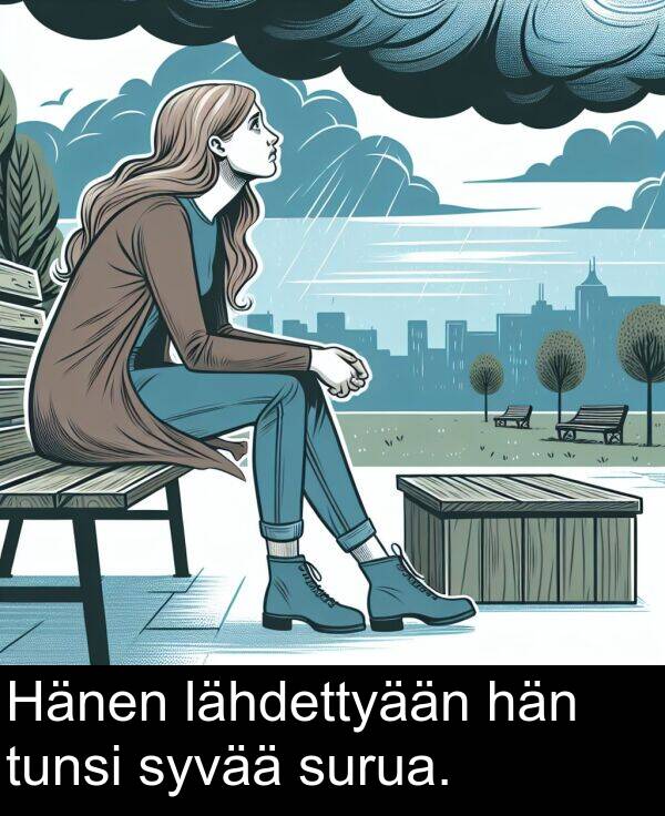 surua: Hänen lähdettyään hän tunsi syvää surua.