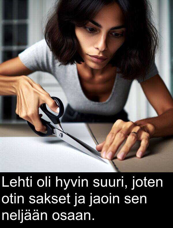 suuri: Lehti oli hyvin suuri, joten otin sakset ja jaoin sen neljään osaan.