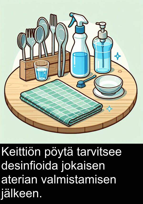 jokaisen: Keittiön pöytä tarvitsee desinfioida jokaisen aterian valmistamisen jälkeen.