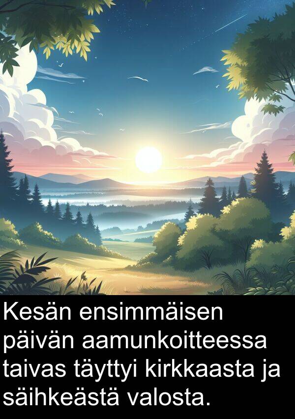 taivas: Kesän ensimmäisen päivän aamunkoitteessa taivas täyttyi kirkkaasta ja säihkeästä valosta.