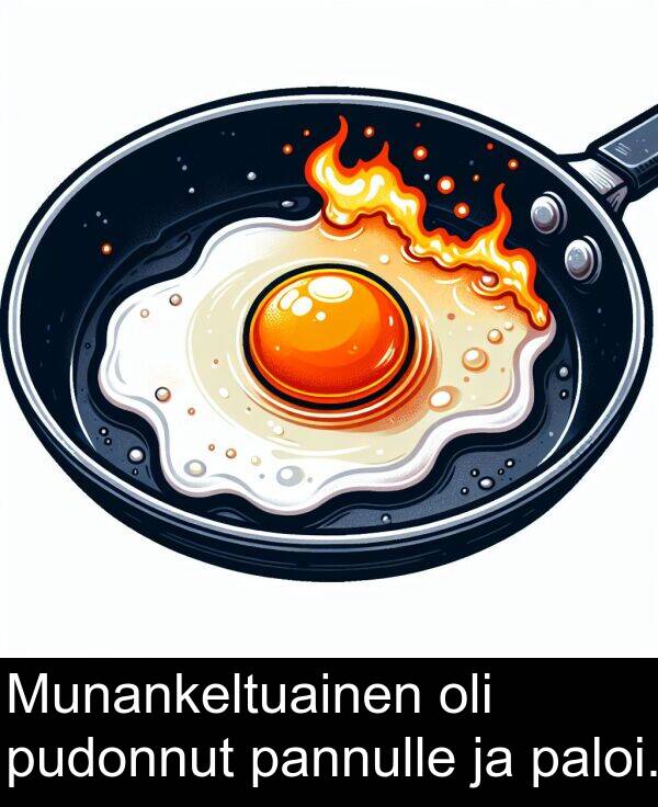 paloi: Munankeltuainen oli pudonnut pannulle ja paloi.