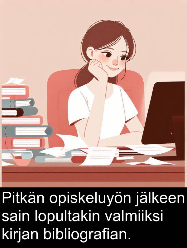 sain: Pitkän opiskeluyön jälkeen sain lopultakin valmiiksi kirjan bibliografian.