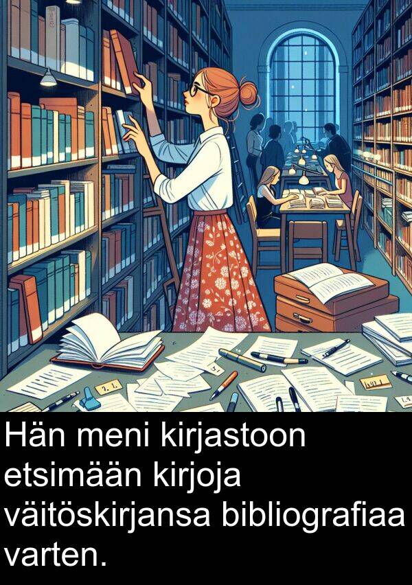 varten: Hän meni kirjastoon etsimään kirjoja väitöskirjansa bibliografiaa varten.
