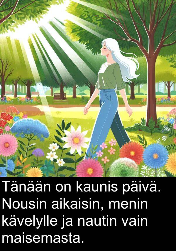 menin: Tänään on kaunis päivä. Nousin aikaisin, menin kävelylle ja nautin vain maisemasta.