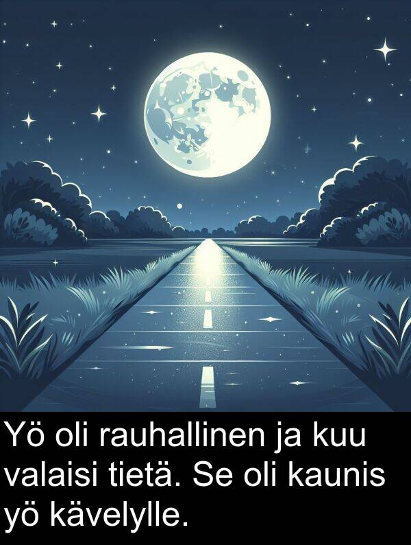 rauhallinen: Yö oli rauhallinen ja kuu valaisi tietä. Se oli kaunis yö kävelylle.