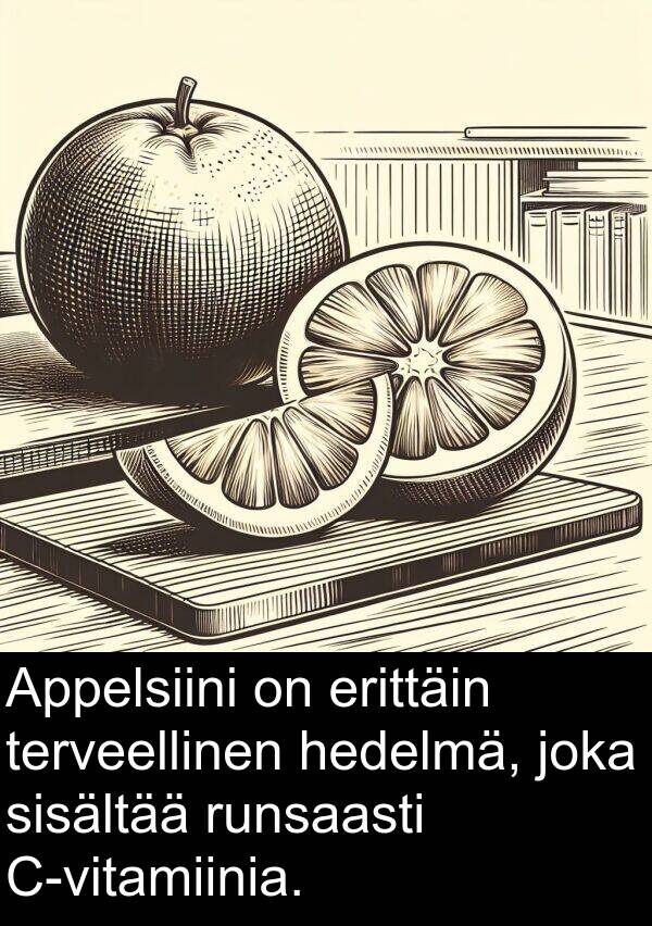 sisältää: Appelsiini on erittäin terveellinen hedelmä, joka sisältää runsaasti C-vitamiinia.