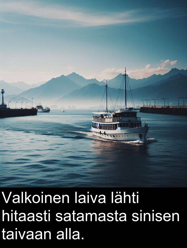 taivaan: Valkoinen laiva lähti hitaasti satamasta sinisen taivaan alla.