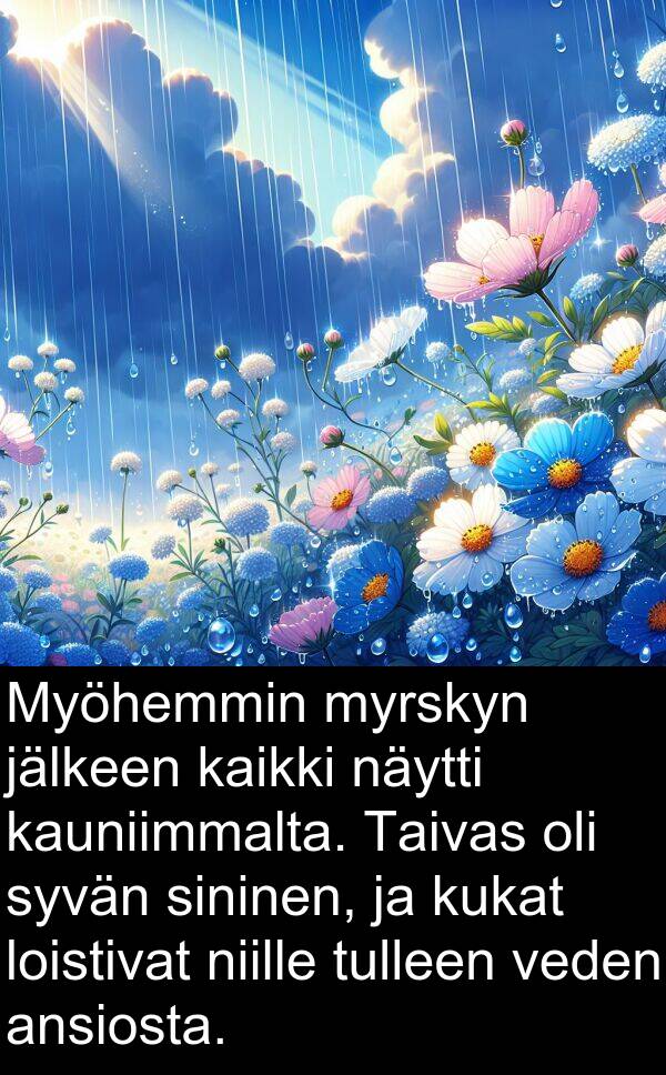 kauniimmalta: Myöhemmin myrskyn jälkeen kaikki näytti kauniimmalta. Taivas oli syvän sininen, ja kukat loistivat niille tulleen veden ansiosta.