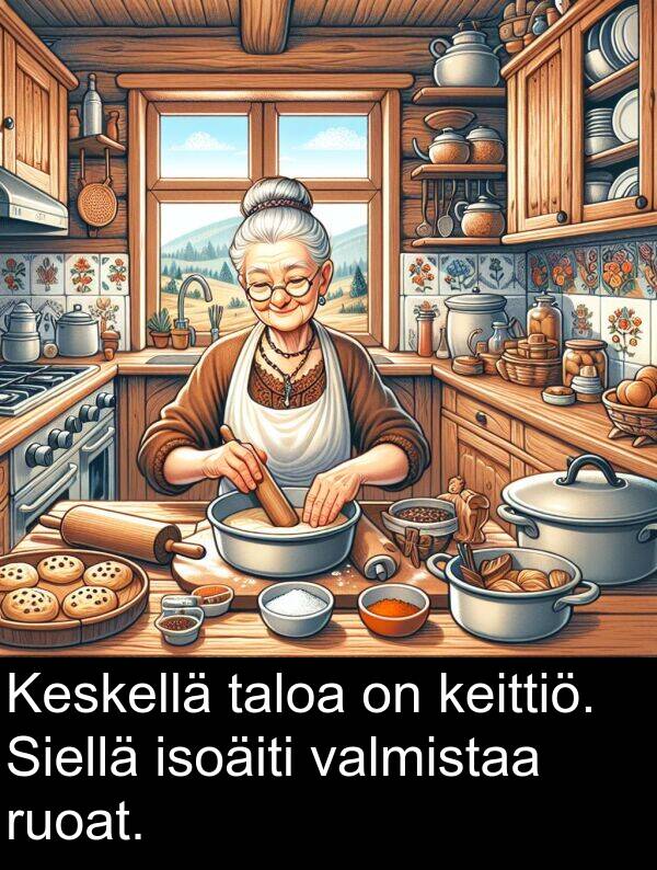 taloa: Keskellä taloa on keittiö. Siellä isoäiti valmistaa ruoat.