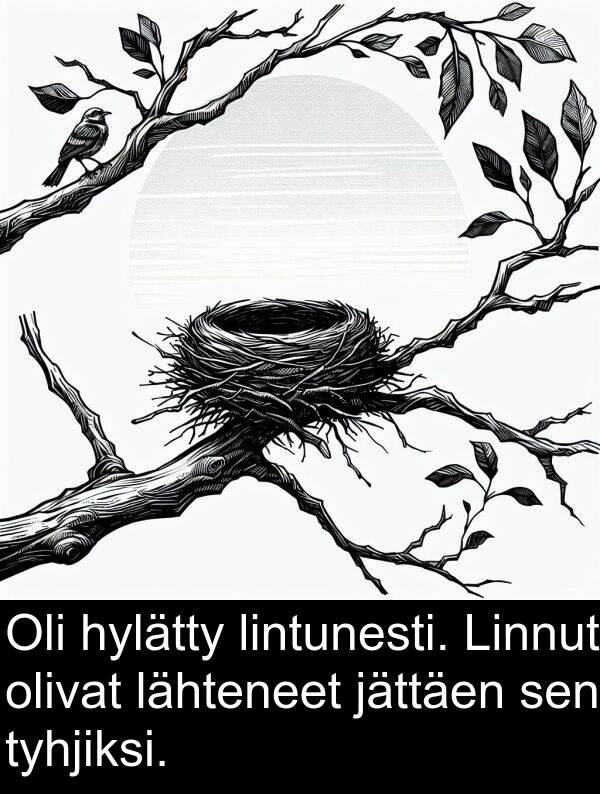 olivat: Oli hylätty lintunesti. Linnut olivat lähteneet jättäen sen tyhjiksi.