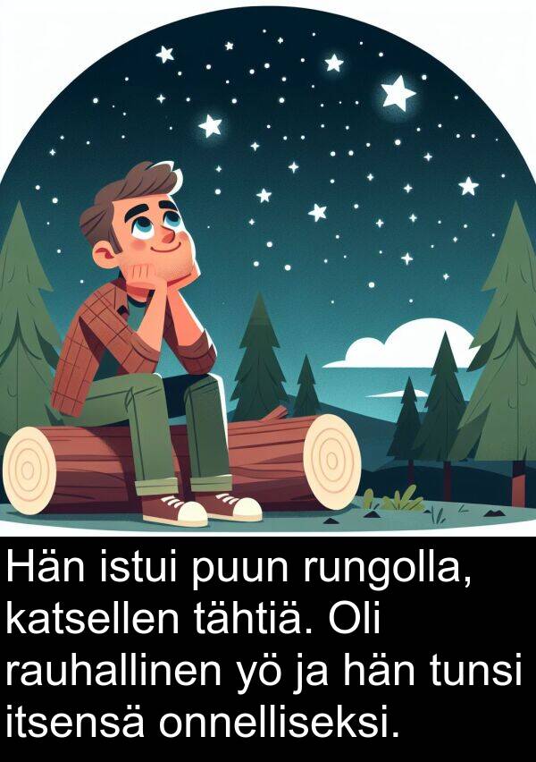 rauhallinen: Hän istui puun rungolla, katsellen tähtiä. Oli rauhallinen yö ja hän tunsi itsensä onnelliseksi.