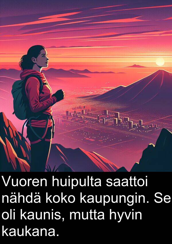 saattoi: Vuoren huipulta saattoi nähdä koko kaupungin. Se oli kaunis, mutta hyvin kaukana.