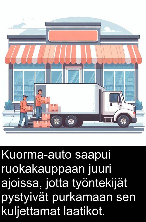 laatikot: Kuorma-auto saapui ruokakauppaan juuri ajoissa, jotta työntekijät pystyivät purkamaan sen kuljettamat laatikot.