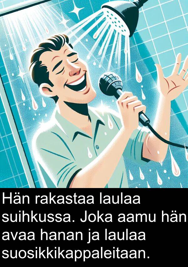 suihkussa: Hän rakastaa laulaa suihkussa. Joka aamu hän avaa hanan ja laulaa suosikkikappaleitaan.