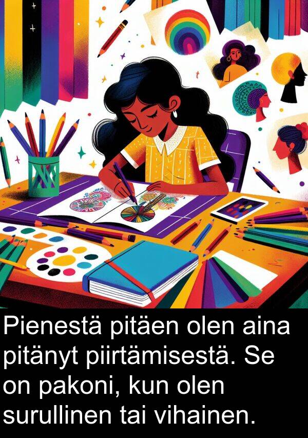 pitäen: Pienestä pitäen olen aina pitänyt piirtämisestä. Se on pakoni, kun olen surullinen tai vihainen.