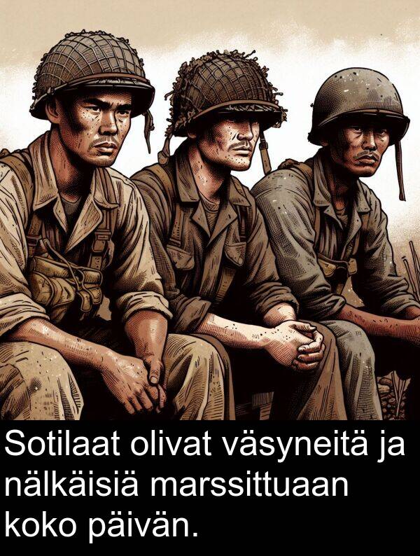 marssittuaan: Sotilaat olivat väsyneitä ja nälkäisiä marssittuaan koko päivän.