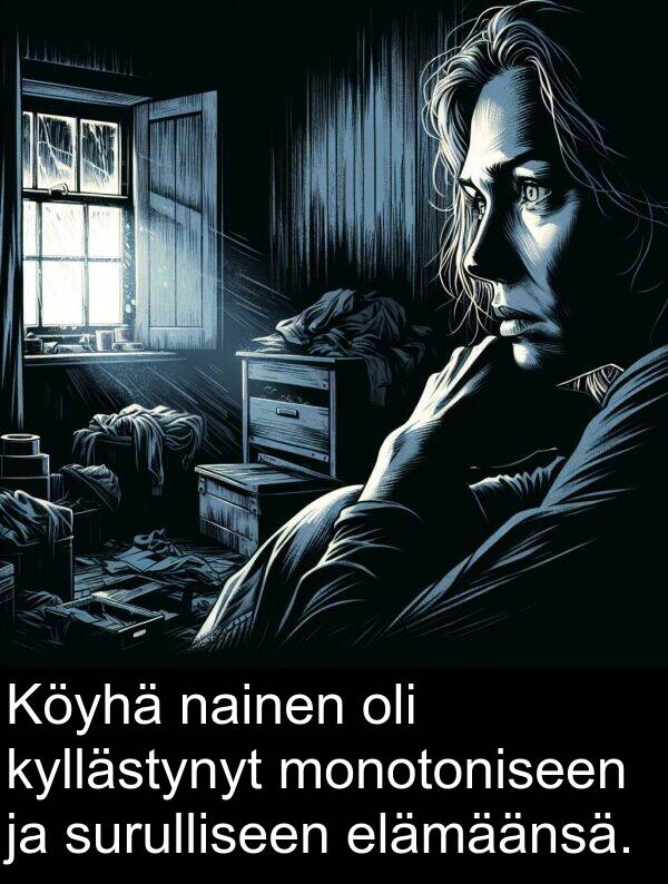 surulliseen: Köyhä nainen oli kyllästynyt monotoniseen ja surulliseen elämäänsä.