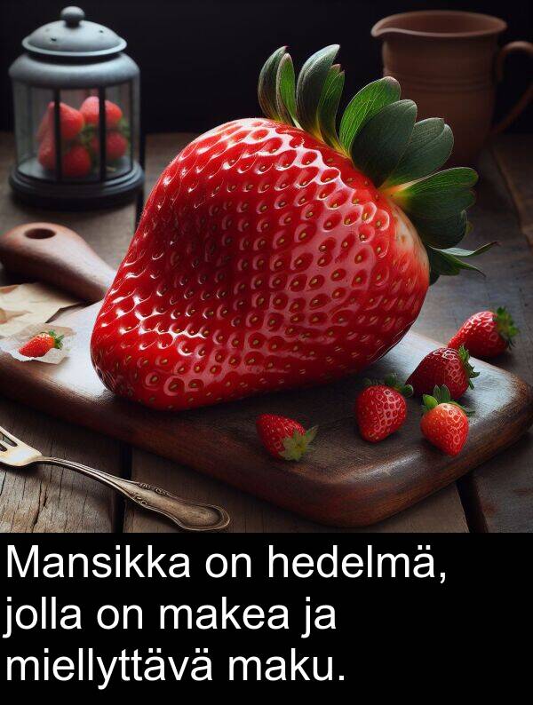 makea: Mansikka on hedelmä, jolla on makea ja miellyttävä maku.