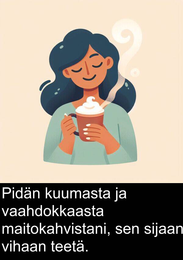 sijaan: Pidän kuumasta ja vaahdokkaasta maitokahvistani, sen sijaan vihaan teetä.
