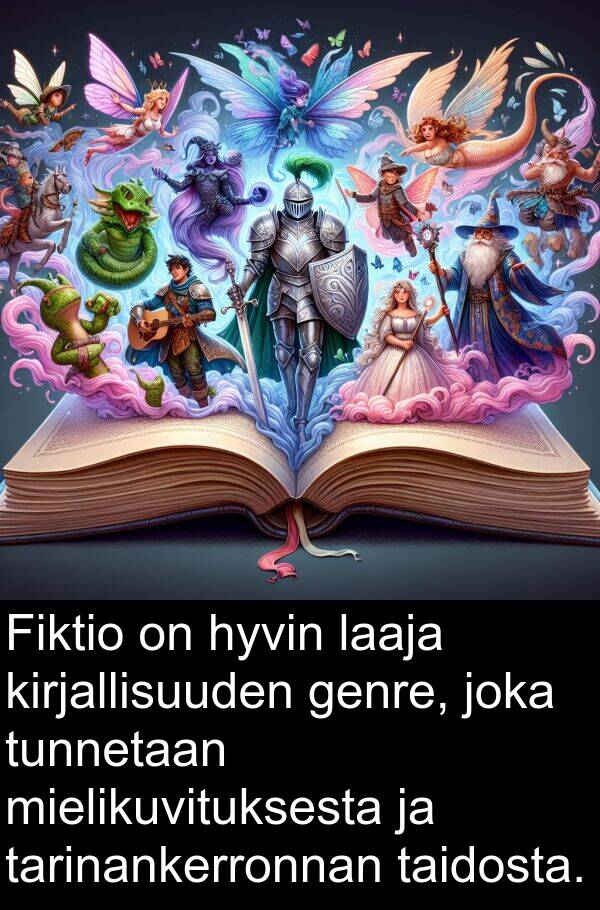 laaja: Fiktio on hyvin laaja kirjallisuuden genre, joka tunnetaan mielikuvituksesta ja tarinankerronnan taidosta.