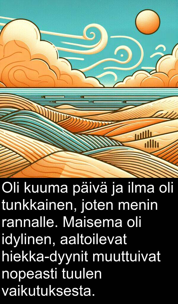 aaltoilevat: Oli kuuma päivä ja ilma oli tunkkainen, joten menin rannalle. Maisema oli idylinen, aaltoilevat hiekka-dyynit muuttuivat nopeasti tuulen vaikutuksesta.