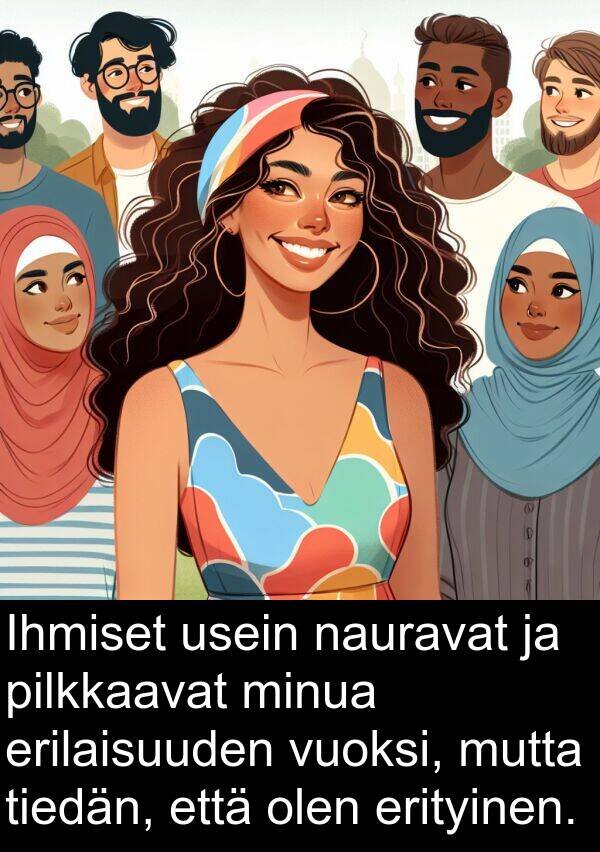 olen: Ihmiset usein nauravat ja pilkkaavat minua erilaisuuden vuoksi, mutta tiedän, että olen erityinen.